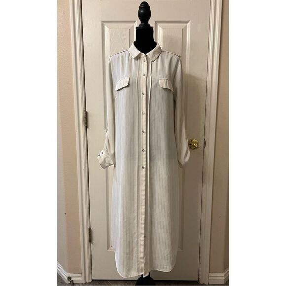 OASIS Women's White With Black Pinstripe Button-Up Long Midi Shirt Dress US 8 - Picture 1 of 12
